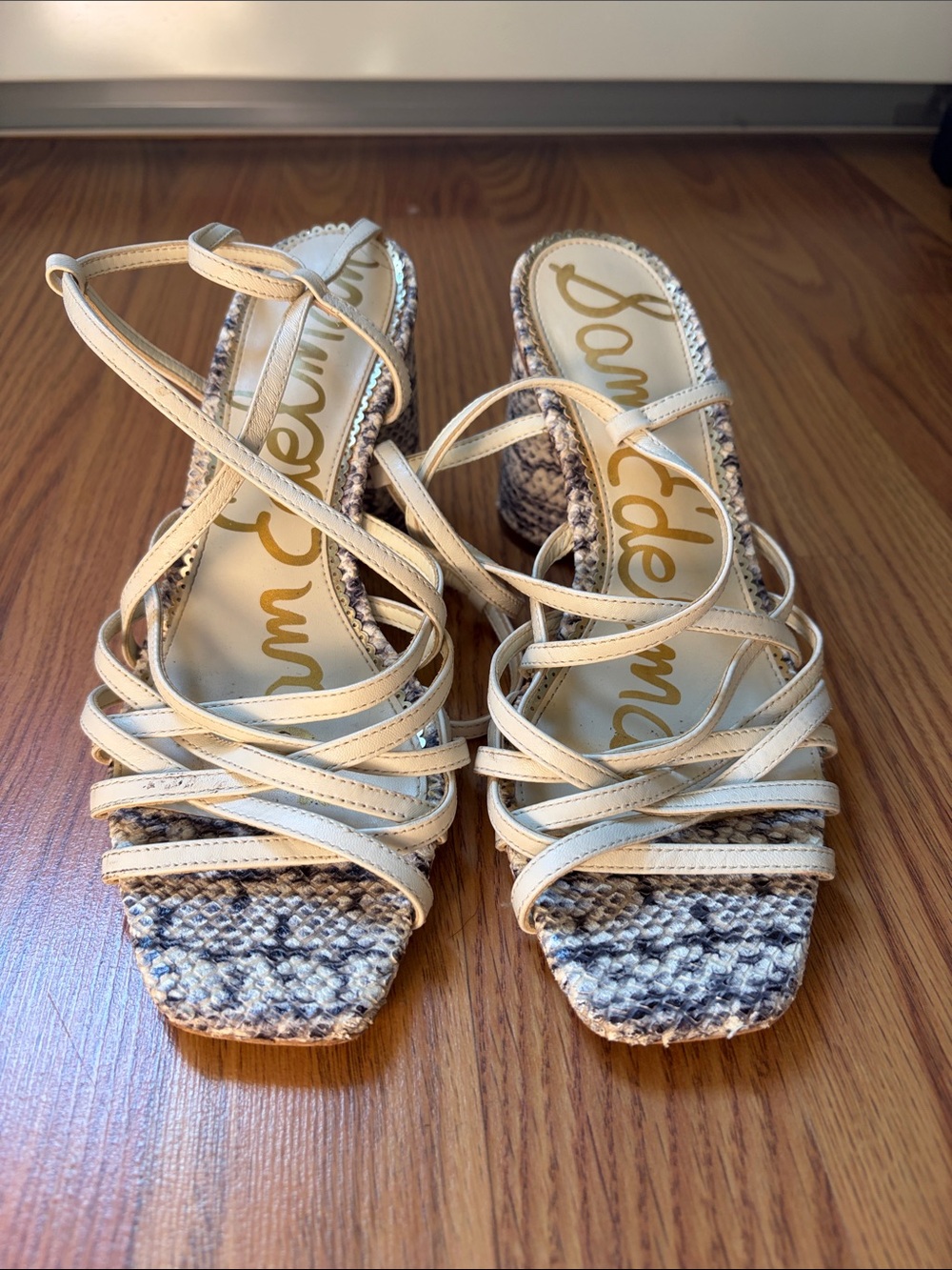 Sam Edelman Cream Strappy Woven Block Heel Sandals